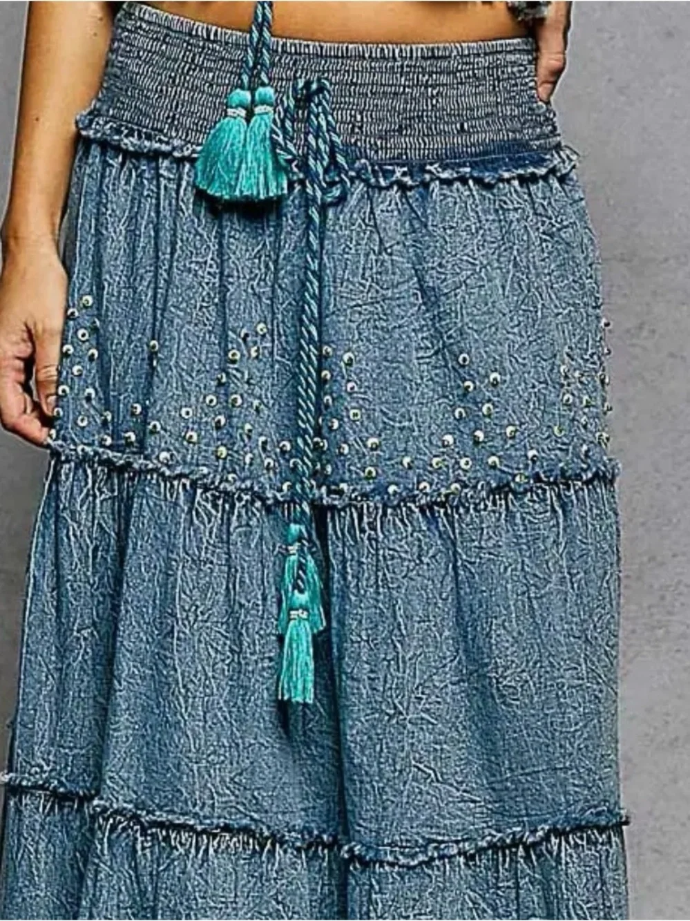 Brand New POL tiered denim skirt long sz S M L - Picture 3 of 4